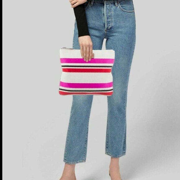 Kate Spade Bag Purse Tan Pink Stripe Oversized Clutch Travel - Picture 1 of 14